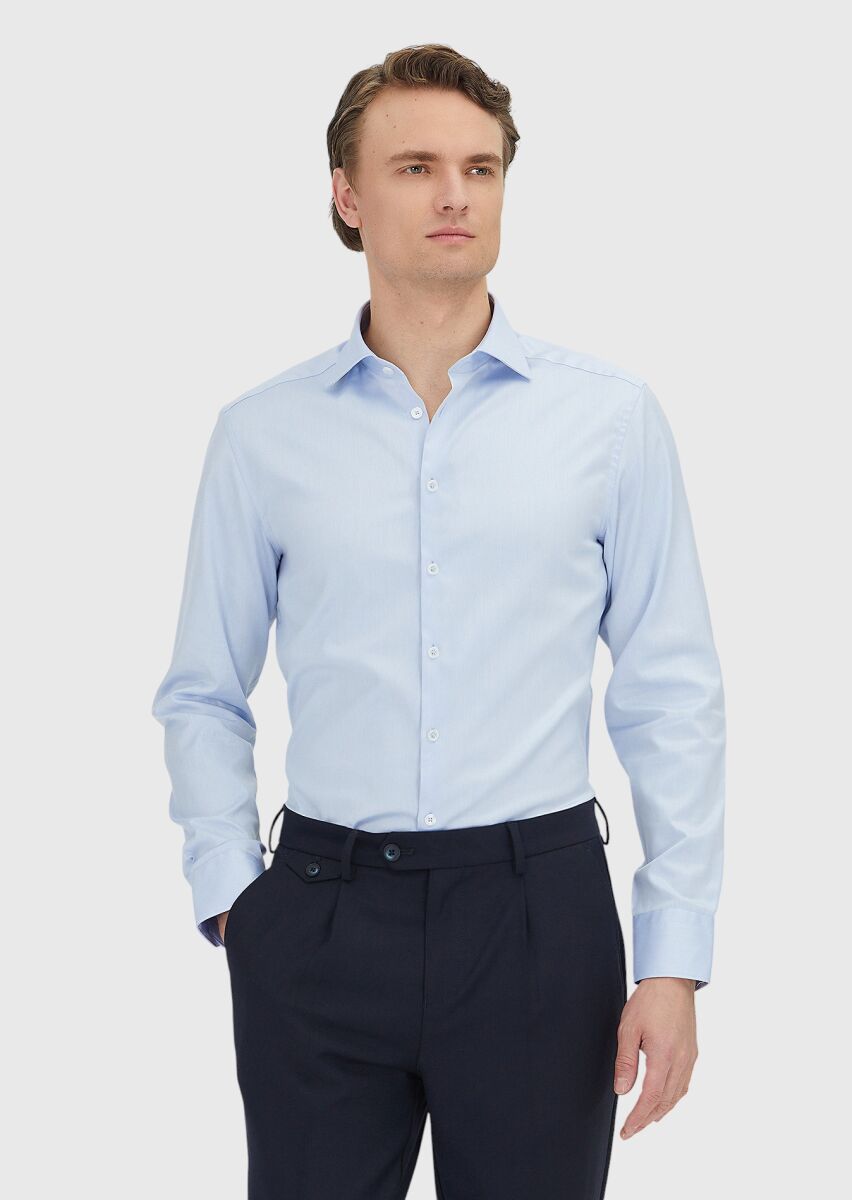 Mavi Düz Slim Fit Ütü İstemeyen Uzun Dokuma Klasik %100 Pamuk Gömlek - 2