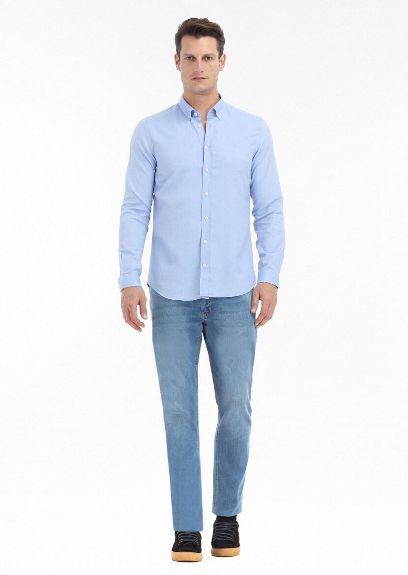 Mavi Düz Slim Fit Uzun Dokuma Casual %100 Pamuk Gömlek - 1
