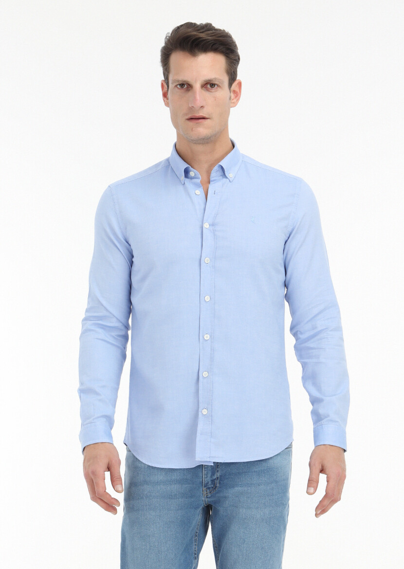 Mavi Düz Slim Fit Uzun Dokuma Casual %100 Pamuk Gömlek 