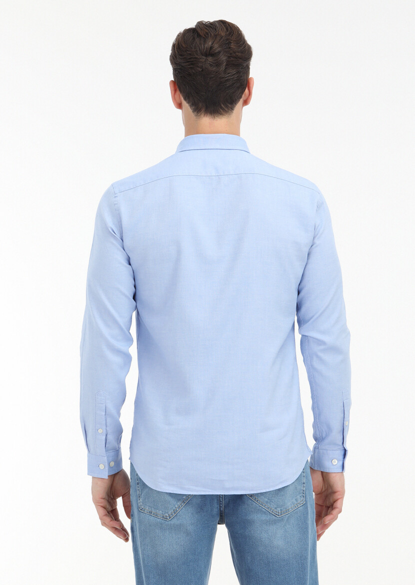 Mavi Düz Slim Fit Uzun Dokuma Casual %100 Pamuk Gömlek - 4