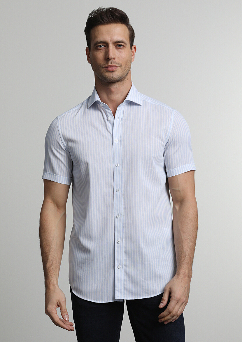 Mavi Düz Slim Fit Uzun Dokuma Klasik %100 Pamuk Gömlek - 1