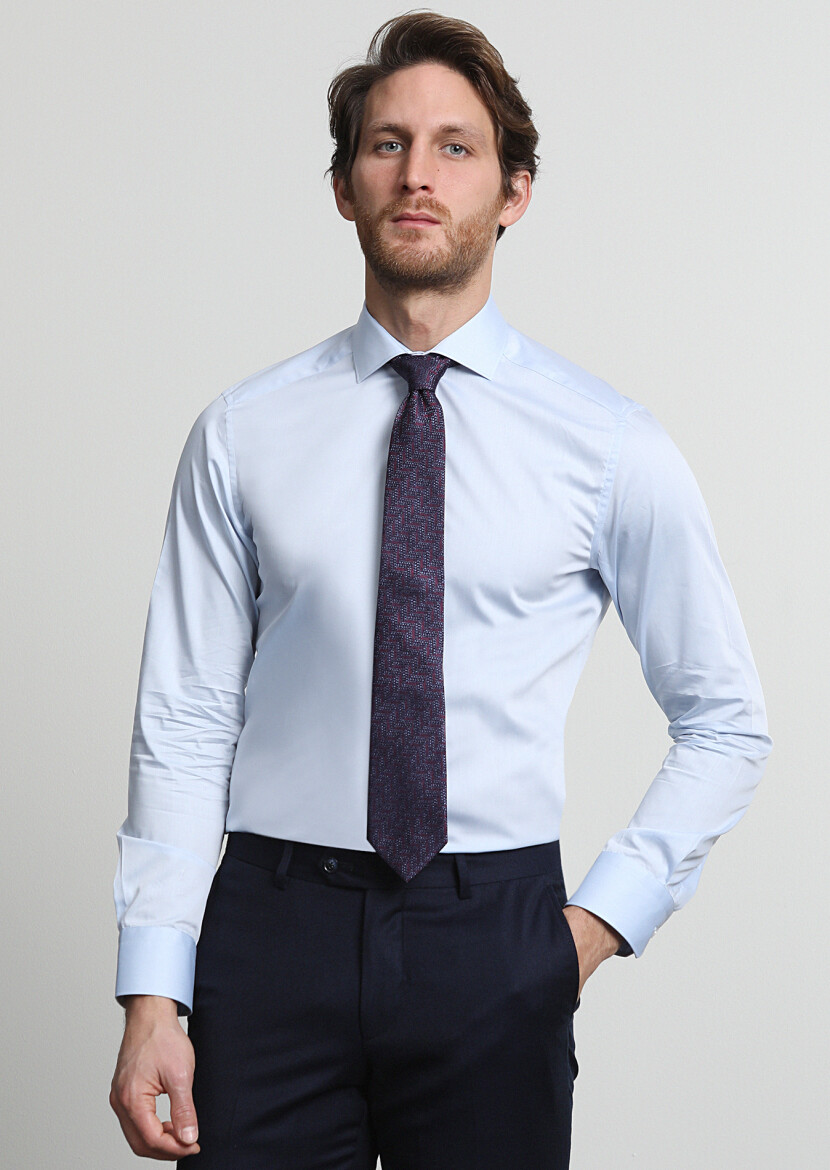 Mavi Düz Slim Fit Uzun Dokuma Klasik %100 Pamuk Gömlek - 3