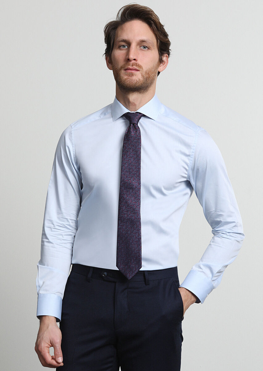 Mavi Düz Slim Fit Uzun Dokuma Klasik %100 Pamuk Gömlek - 3