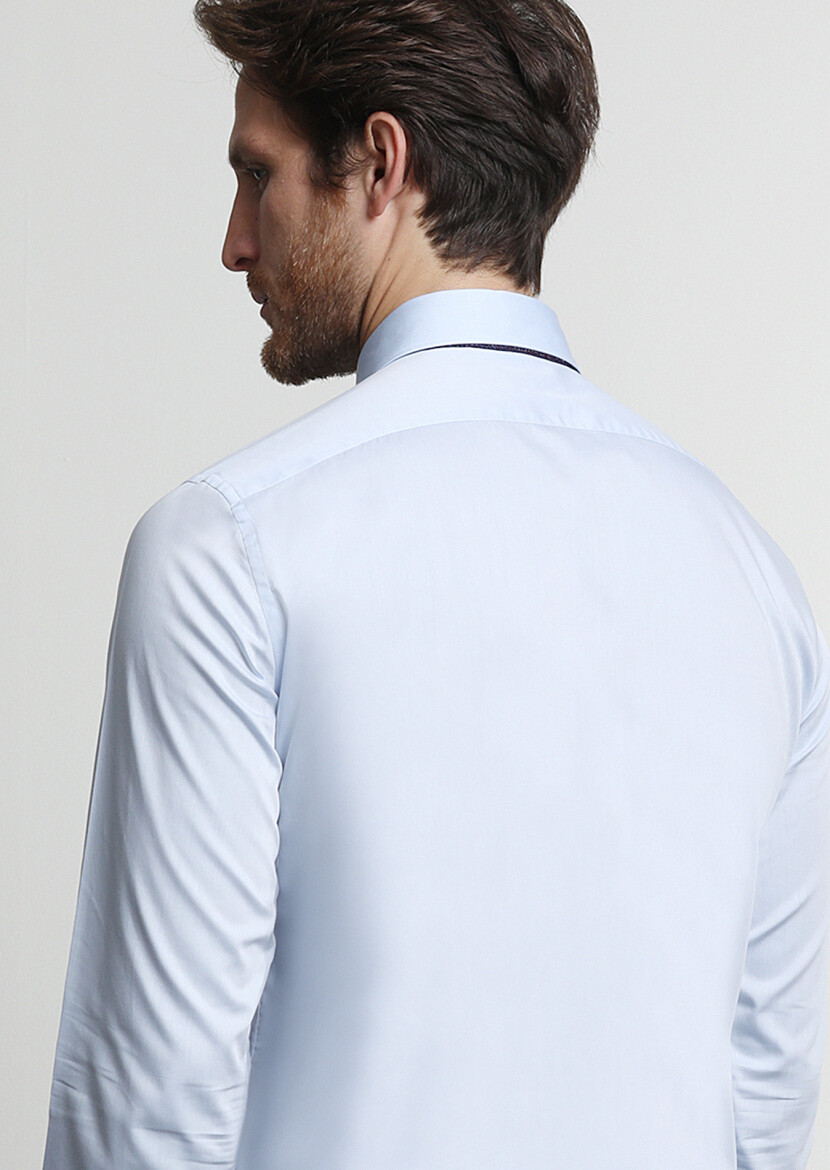 Mavi Düz Slim Fit Uzun Dokuma Klasik %100 Pamuk Gömlek - 4