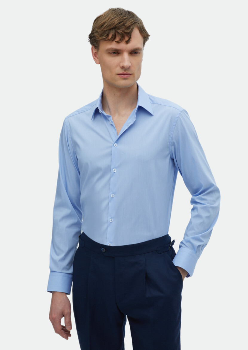 Mavi Düz Slim Fit Uzun Dokuma Klasik Gömlek - 1