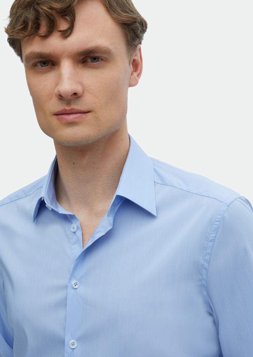 Mavi Düz Slim Fit Uzun Dokuma Klasik Gömlek - 3