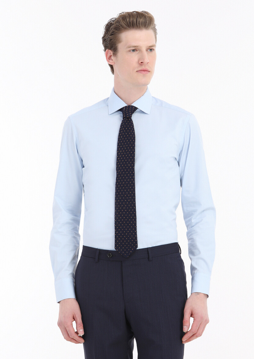 Mavi Düz Slim Fit Uzun Dokuma Klasik Pamuk Karışımlı Gömlek - 2