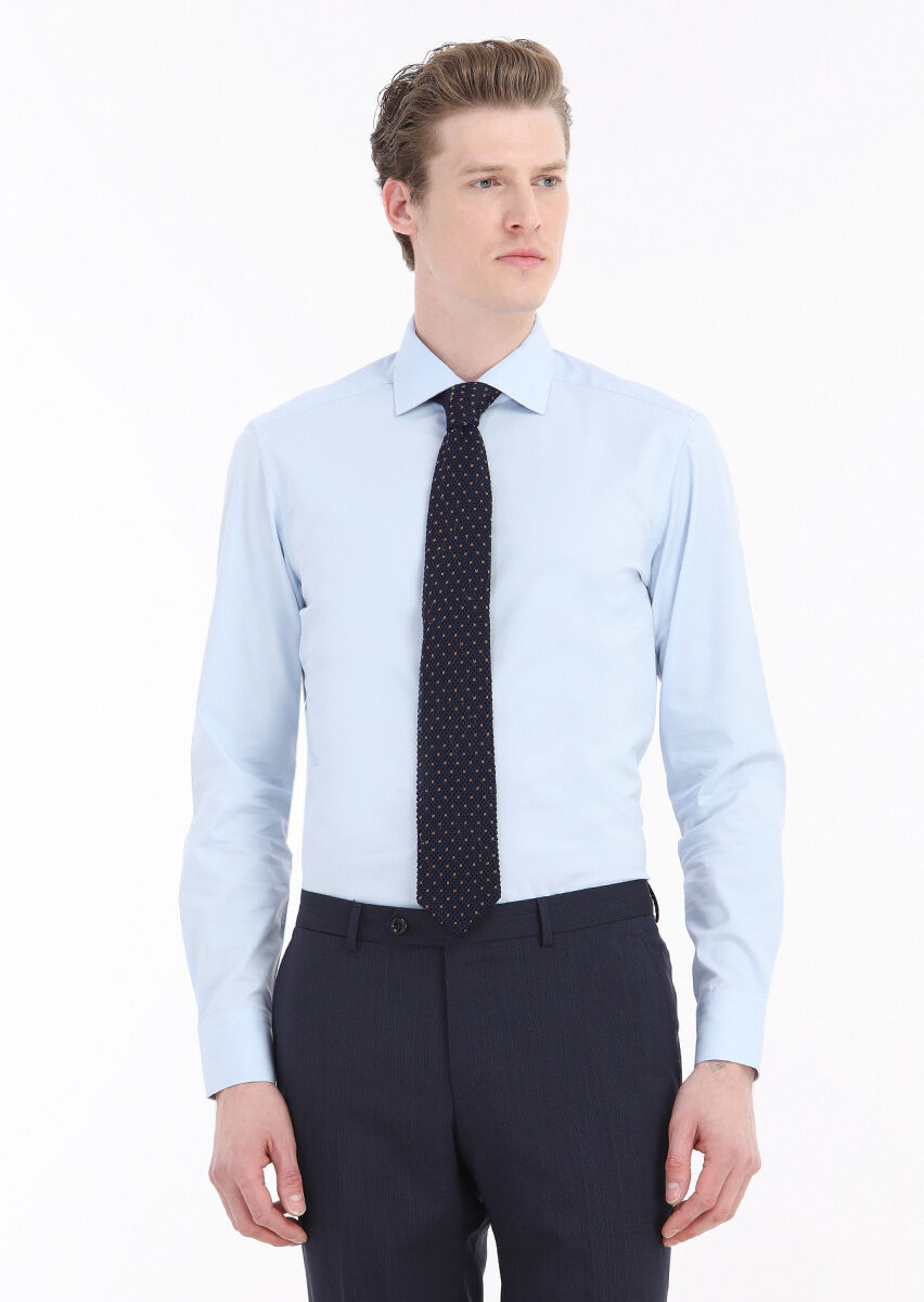 Mavi Düz Slim Fit Uzun Dokuma Klasik Pamuk Karışımlı Gömlek - 2
