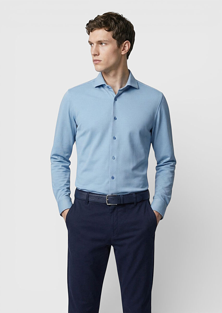 Mavi Düz Slim Fit Uzun Kumaş Casual Pamuk Karışımlı Gömlek - 1