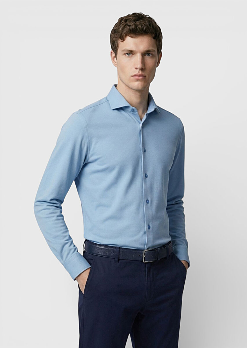 Mavi Düz Slim Fit Uzun Kumaş Casual Pamuk Karışımlı Gömlek - 3
