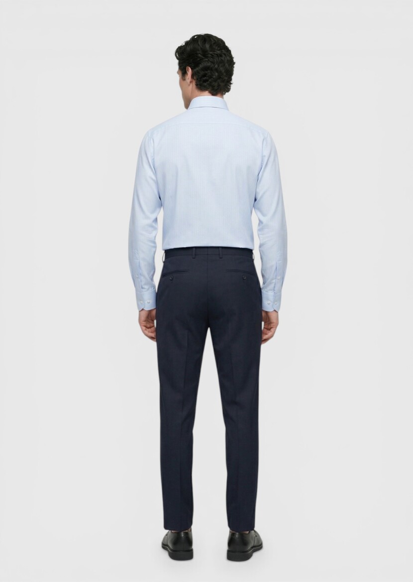 Mavi Düz Uzun Dokuma Klasik %100 Pamuk Gömlek - 4