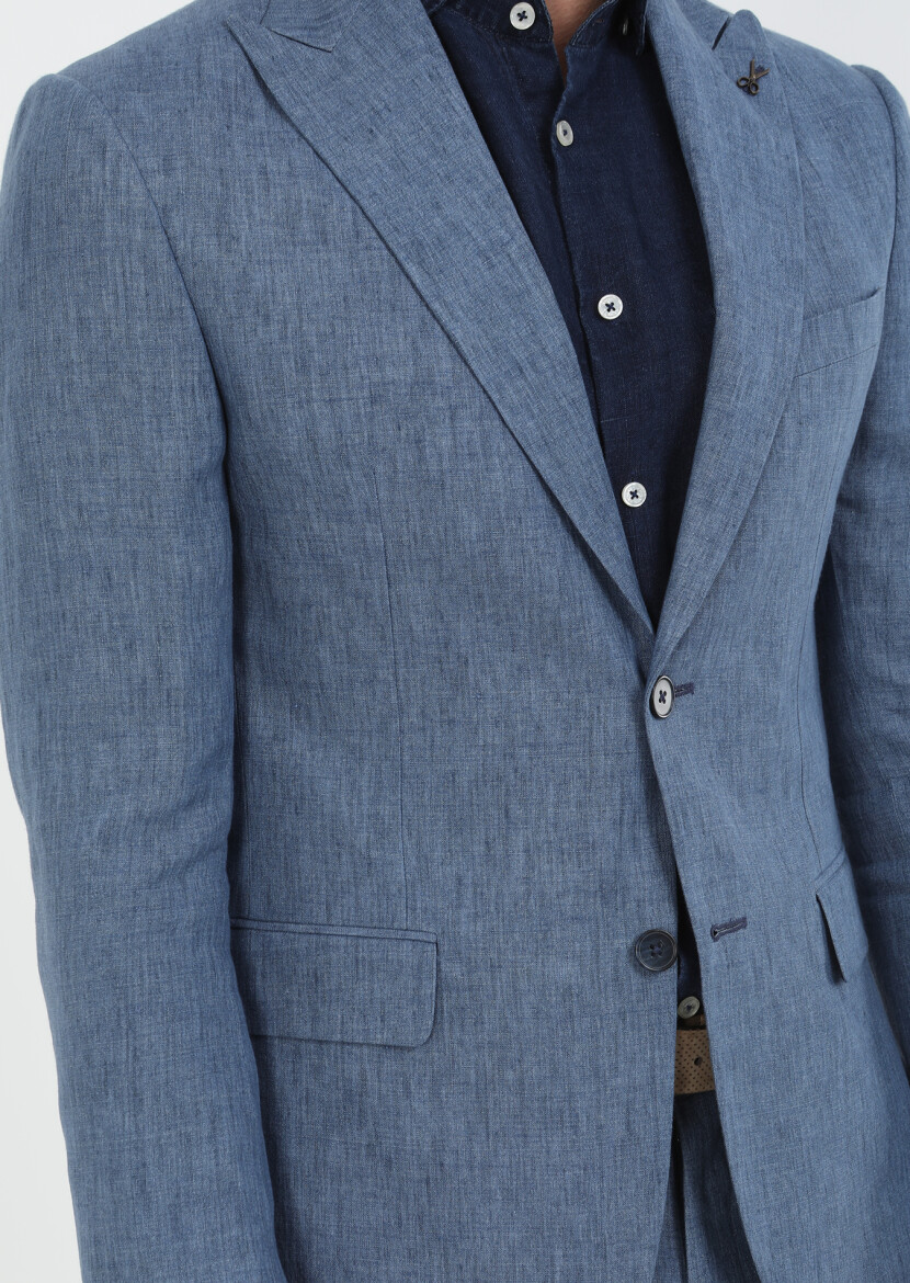 Mavi Düz Zeroweight Slim Fit %100 Keten Takım Elbise - 4