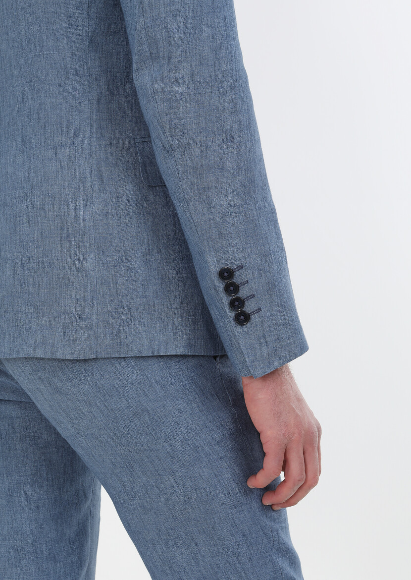 Mavi Düz Zeroweight Slim Fit %100 Keten Takım Elbise - 5