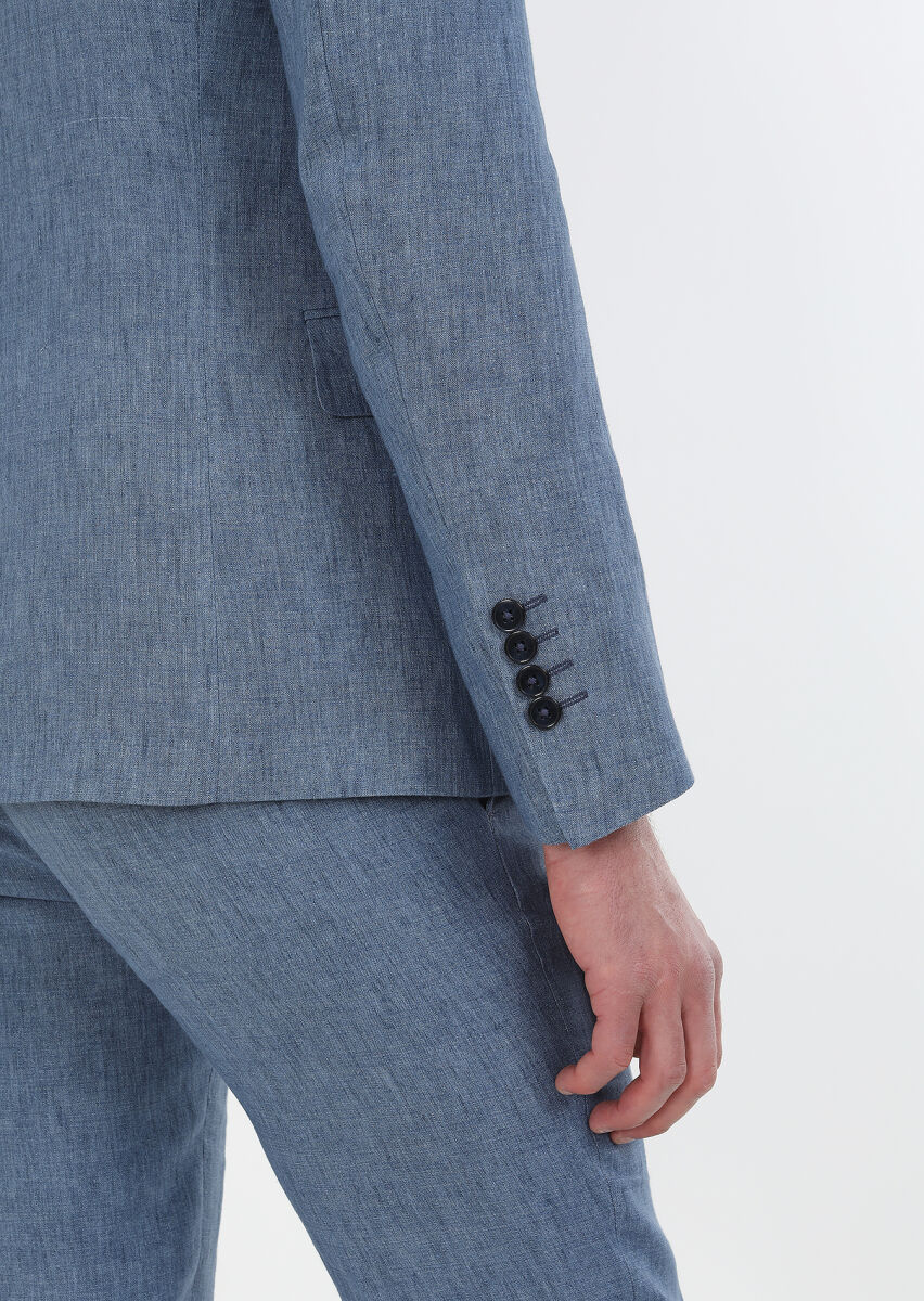 Mavi Düz Zeroweight Slim Fit %100 Keten Takım Elbise - 5