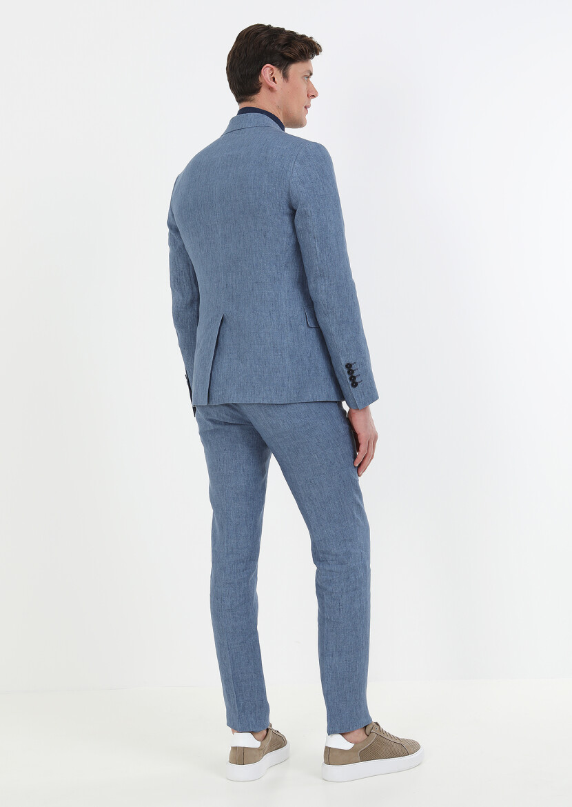 Mavi Düz Zeroweight Slim Fit %100 Keten Takım Elbise - 6