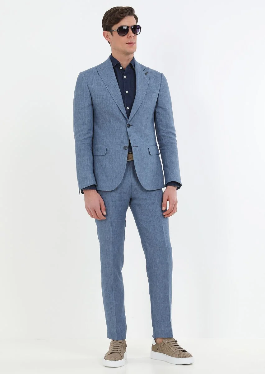 Mavi Düz Zeroweight Slim Fit %100 Keten Takım Elbise - 1