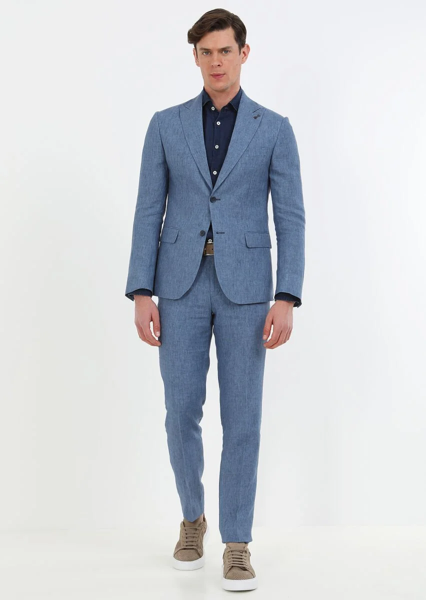 Mavi Düz Zeroweight Slim Fit %100 Keten Takım Elbise - 2