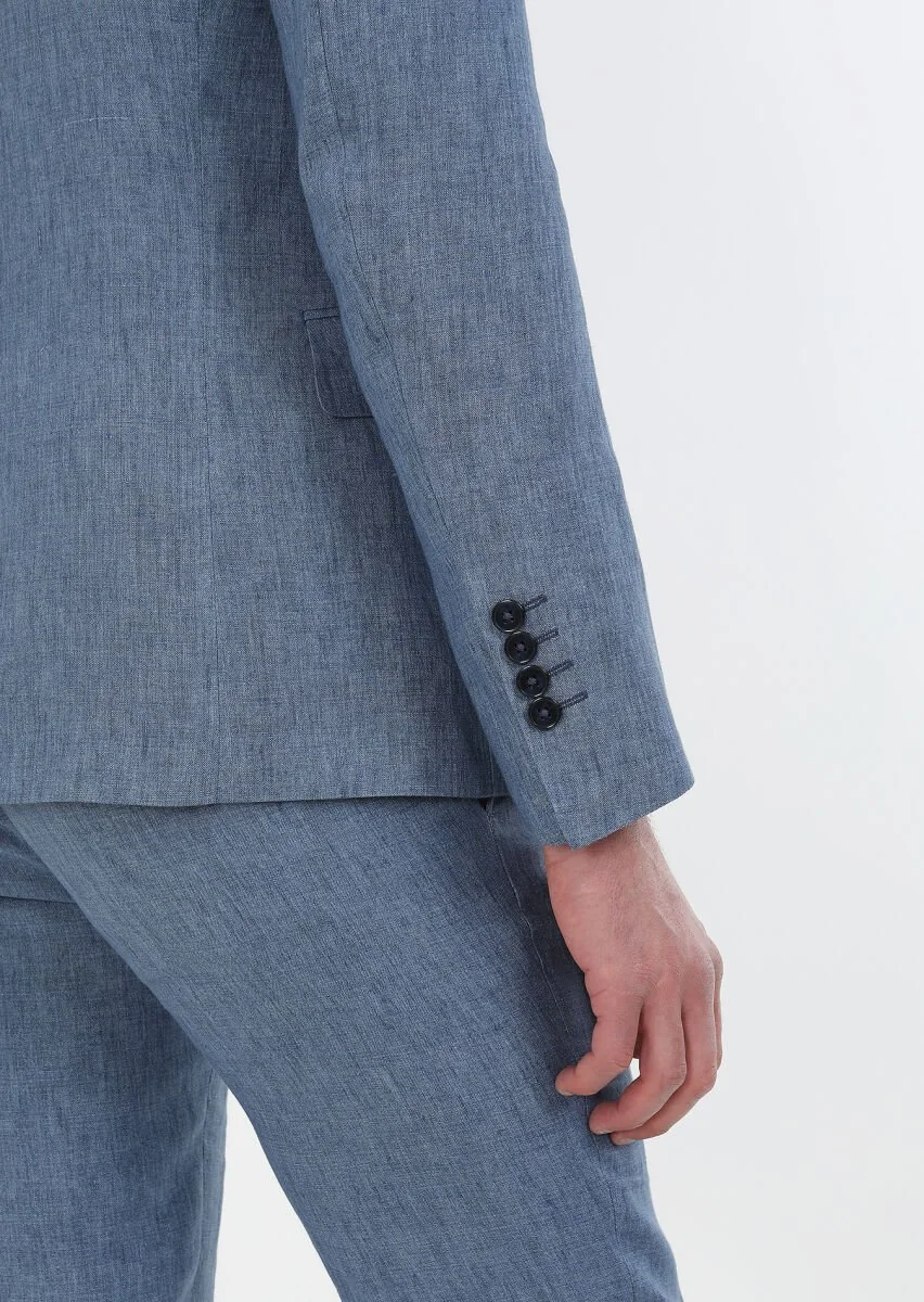 Mavi Düz Zeroweight Slim Fit %100 Keten Takım Elbise - 5