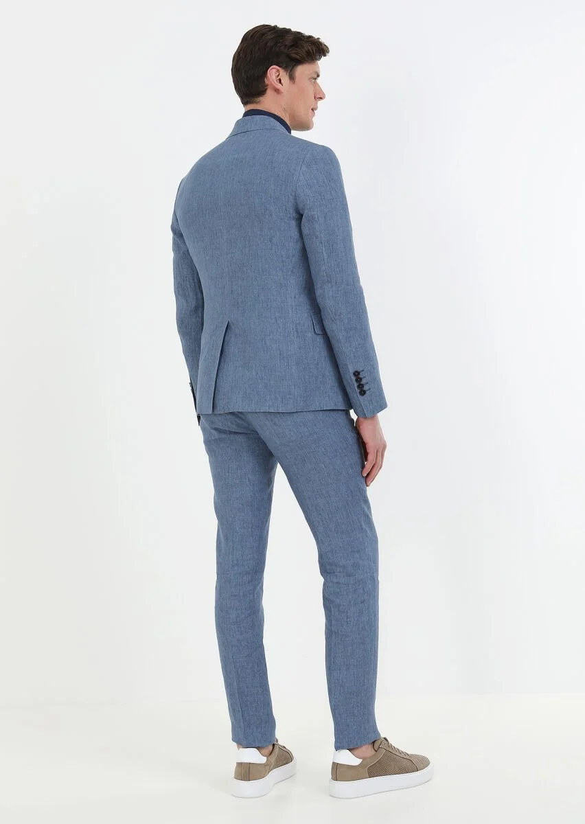 Mavi Düz Zeroweight Slim Fit %100 Keten Takım Elbise - 6