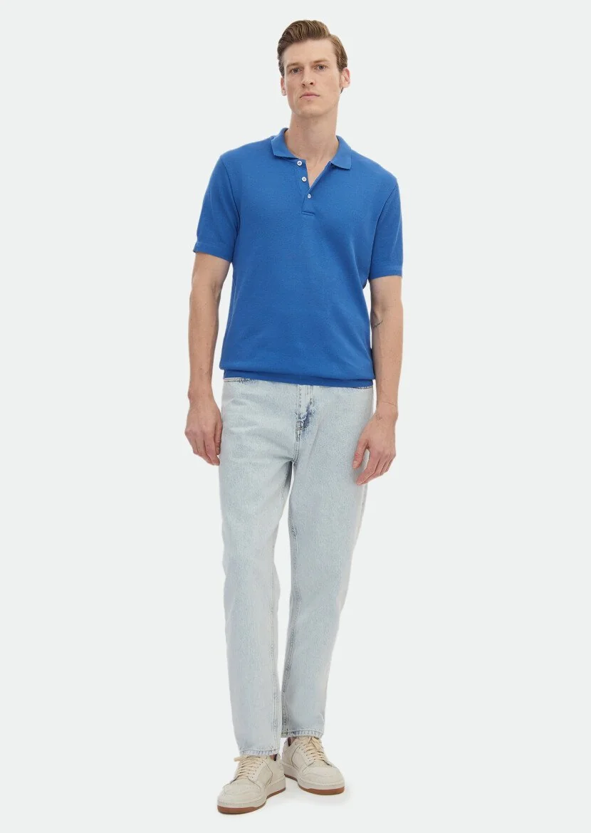 Mavi Jakarlı Polo Yaka %100 Pamuk T-Shirt 