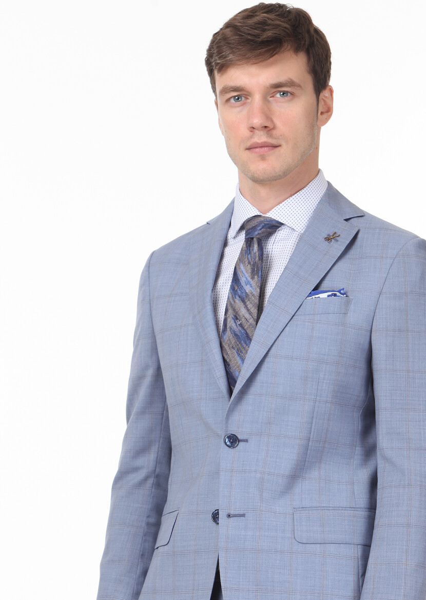 Mavi Kareli Modern Fit %100 Yün Takım Elbise - 2