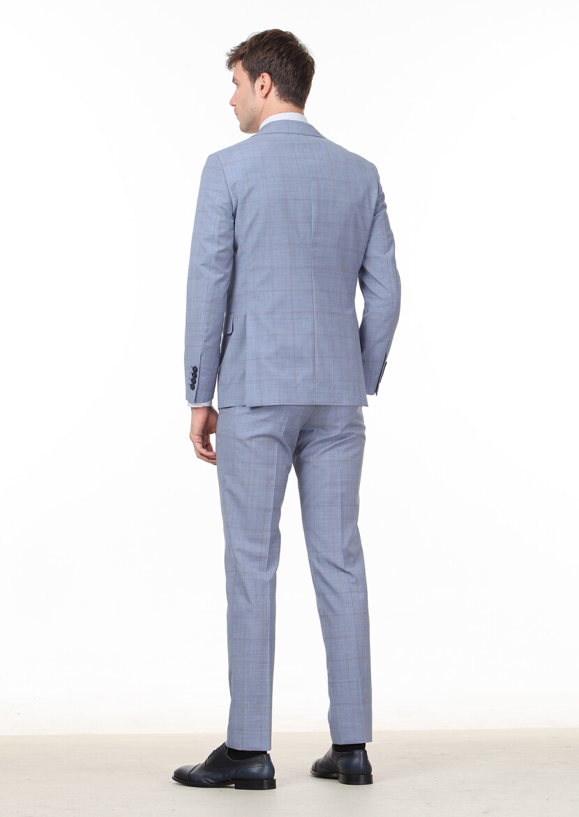 Mavi Kareli Modern Fit %100 Yün Takım Elbise - 4