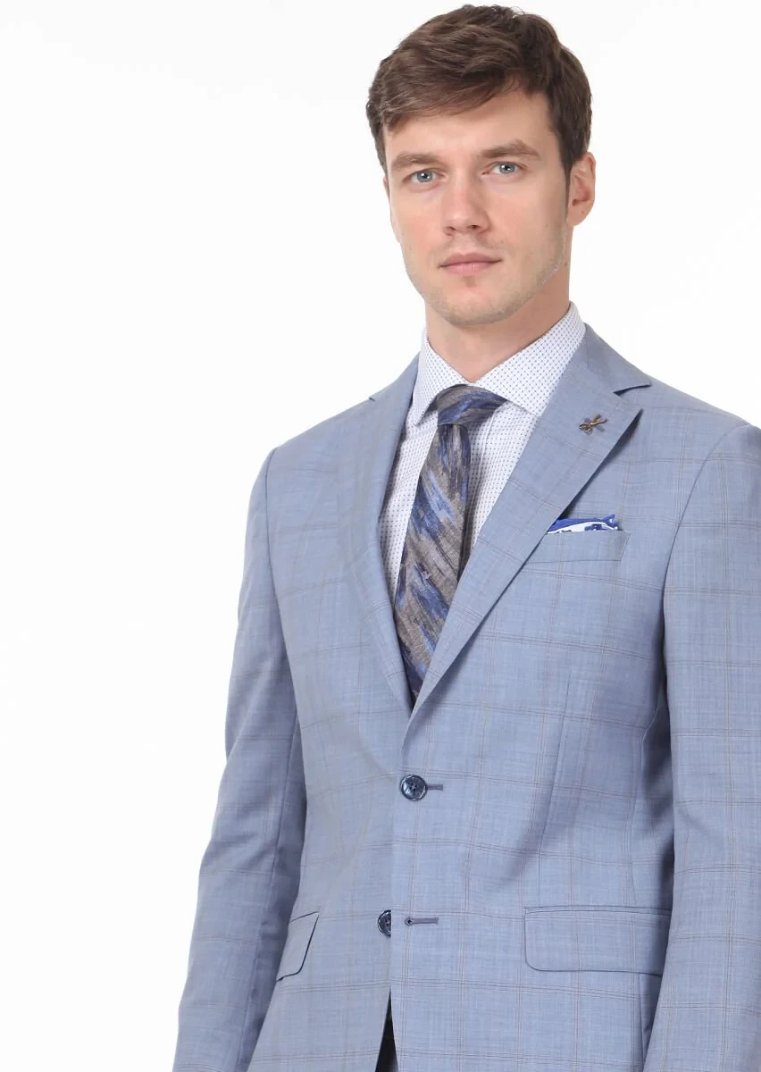 Mavi Kareli Modern Fit %100 Yün Takım Elbise - 2