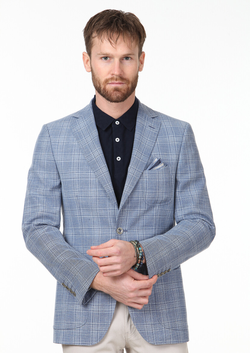 Mavi Kareli Modern Fit Yün Karışımlı Ceket - 2