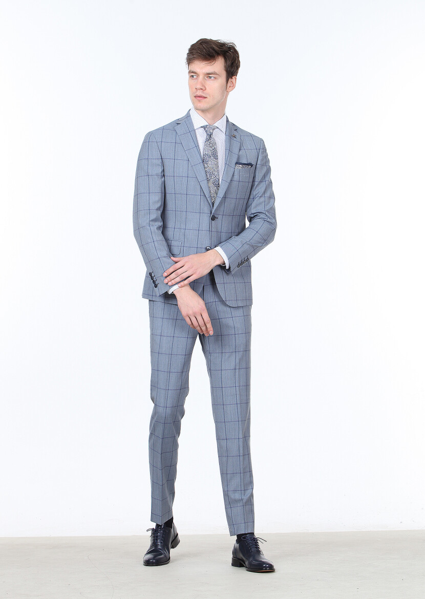 Mavi Kareli Zeroweight Slim Fit %100 Yün Takım Elbise - 2