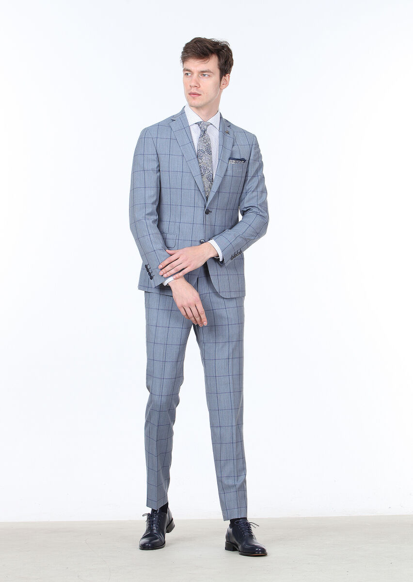 Mavi Kareli Zeroweight Slim Fit %100 Yün Takım Elbise - 2