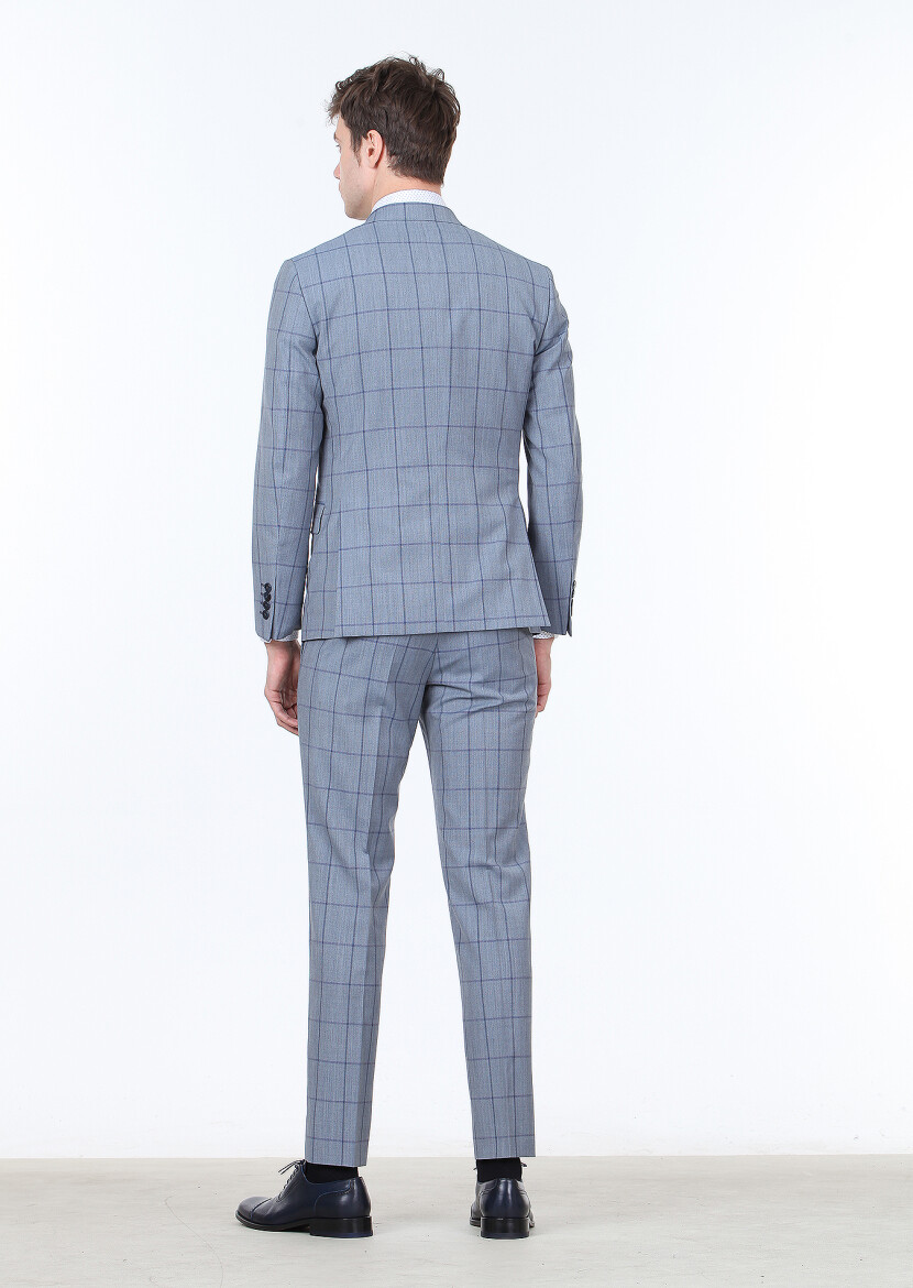 Mavi Kareli Zeroweight Slim Fit %100 Yün Takım Elbise - 4