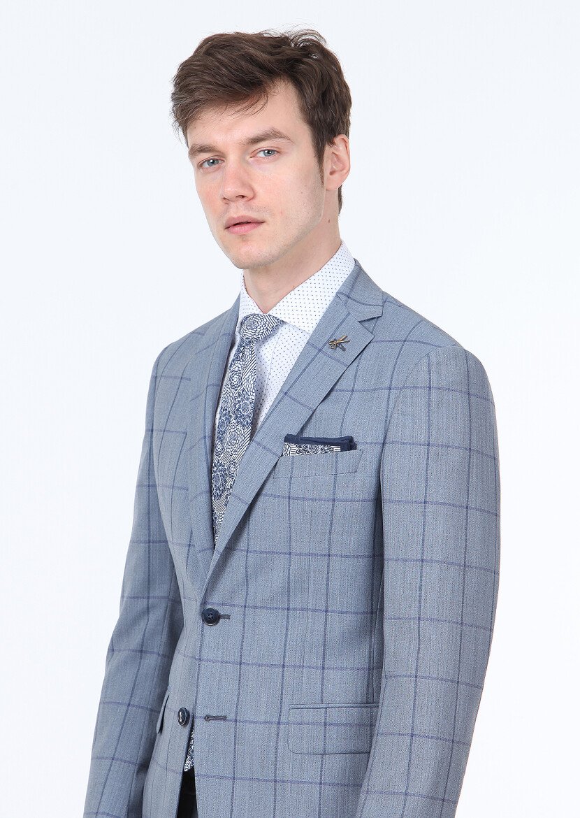 Mavi Kareli Zeroweight Slim Fit %100 Yün Takım Elbise - 3