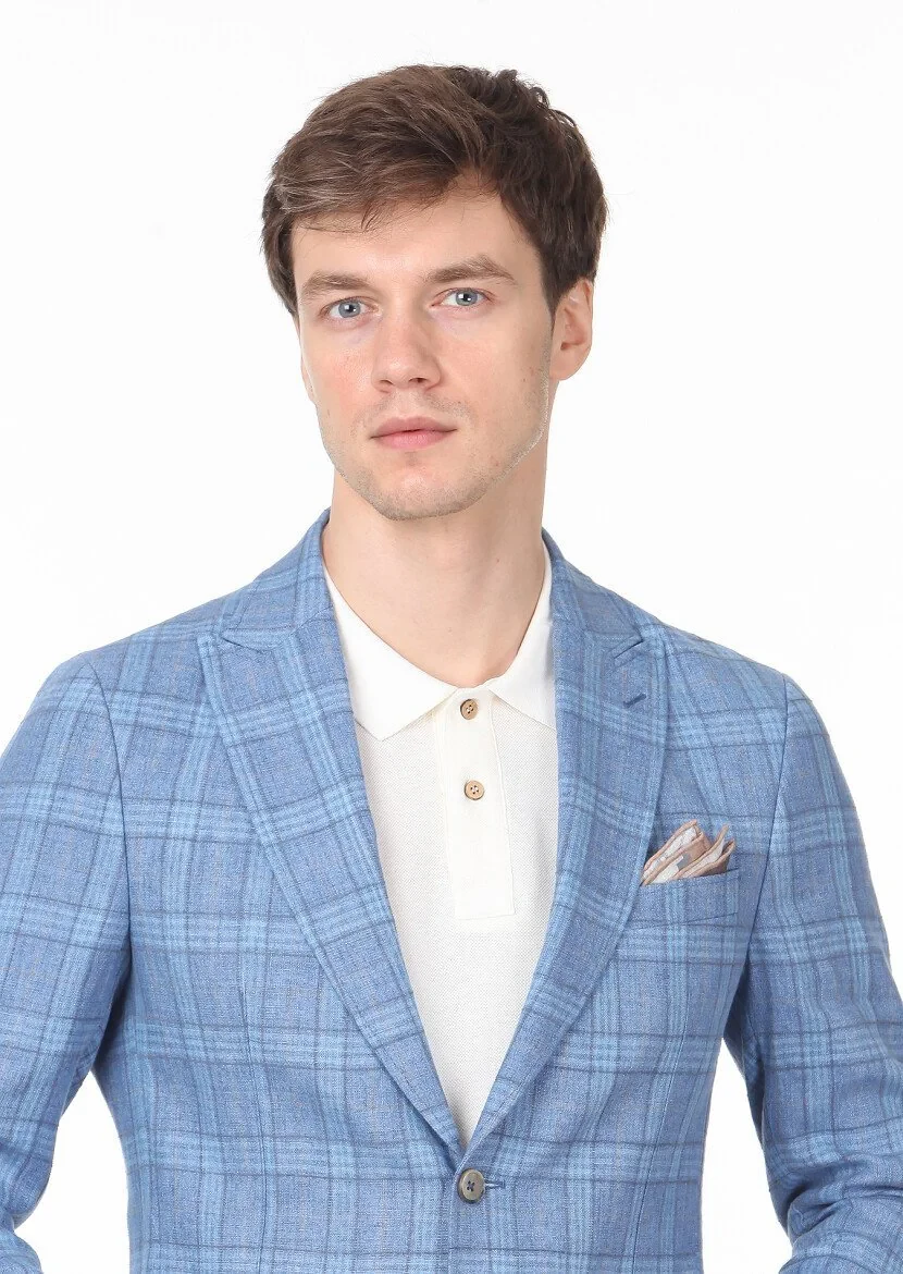 Mavi Kareli Zeroweight Slim Fit Pamuk Karışımlı Ceket - 2