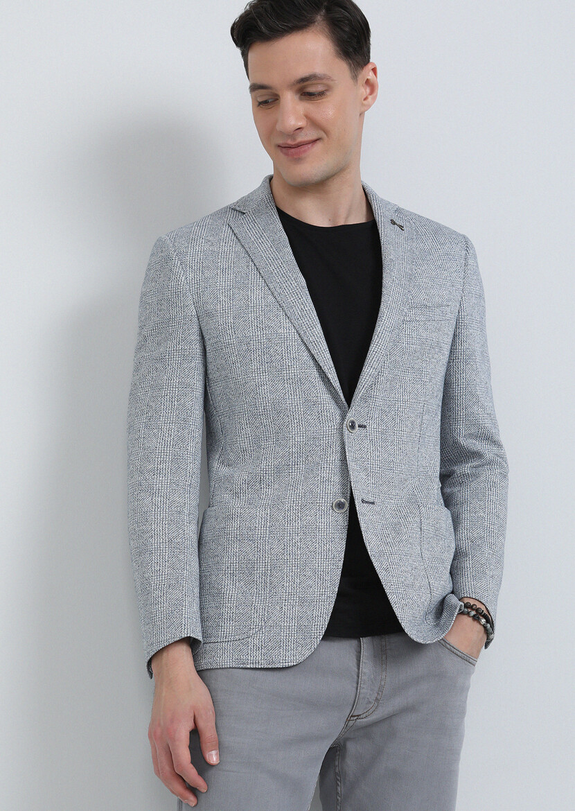 Mavi Kareli Zeroweight Slim Fit Pamuk Karışımlı Örme Ceket - 1