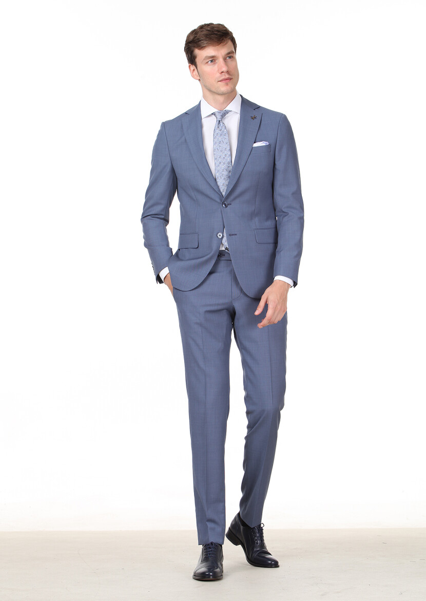 Mavi Mikro Modern Fit %100 Yün Takım Elbise - 1