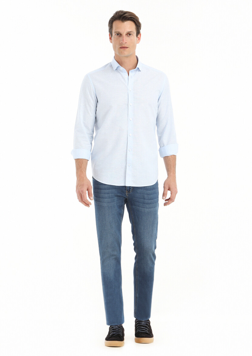 Mavi Mikro Regular Fit Uzun Dokuma Casual Pamuk Karışımlı Gömlek - 1