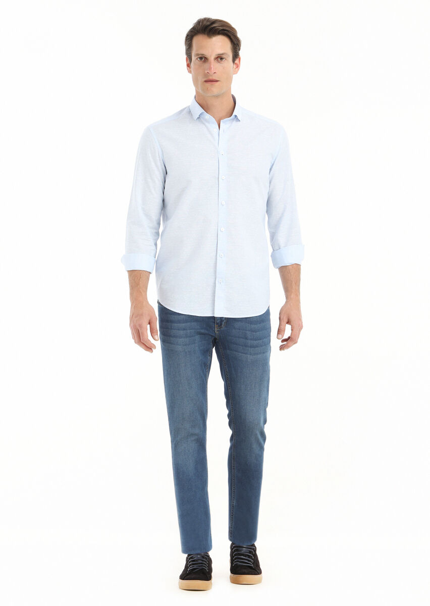 Mavi Mikro Regular Fit Uzun Dokuma Casual Pamuk Karışımlı Gömlek - 1