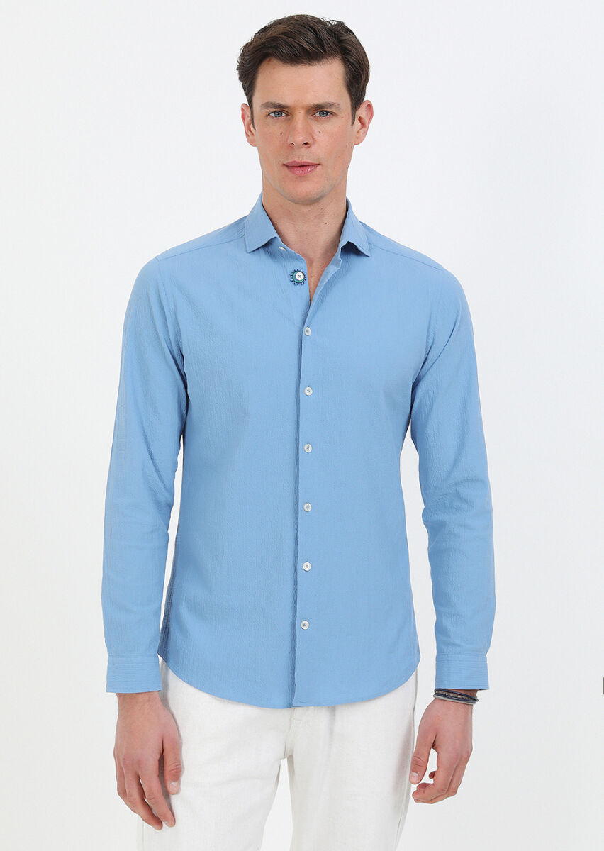 Mavi Slim Fit Uzun Dokuma Casual Pamuk Karışımlı Gömlek - 1