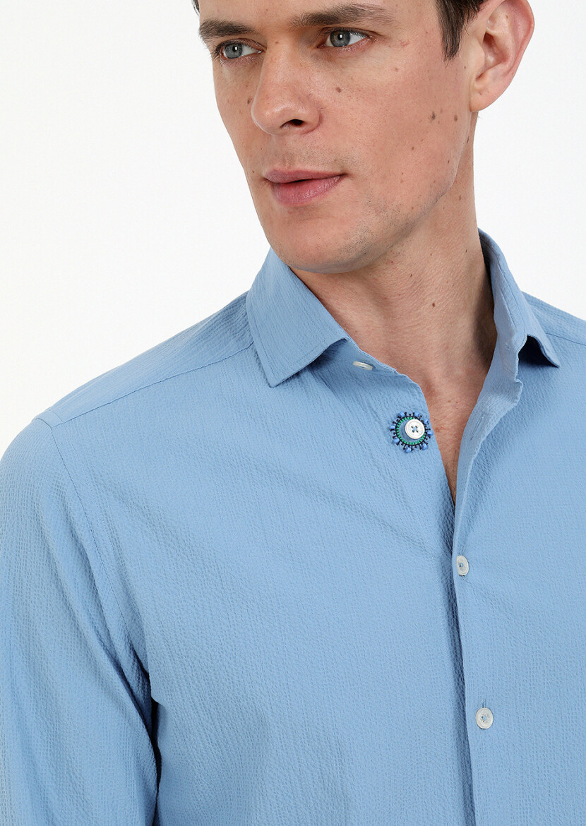 Mavi Slim Fit Uzun Dokuma Casual Pamuk Karışımlı Gömlek 