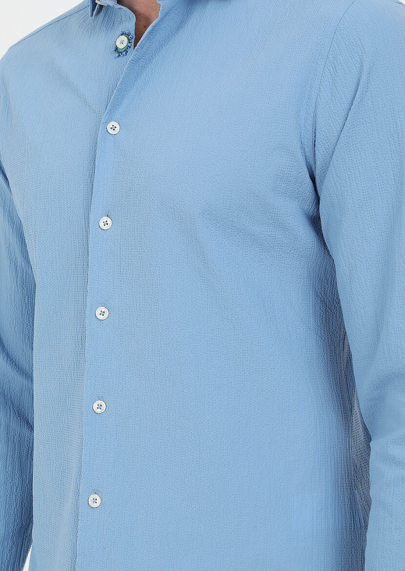 Mavi Slim Fit Uzun Dokuma Casual Pamuk Karışımlı Gömlek - 6