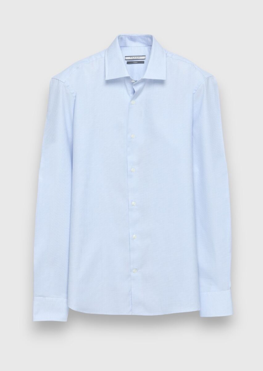 Medium Blue Regular Fit Long Weaving Classical 100% Cotton Shirt - 5