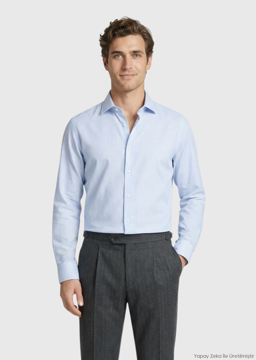 Medium Blue Regular Fit Long Weaving Classical 100% Cotton Shirt - RAMSEY