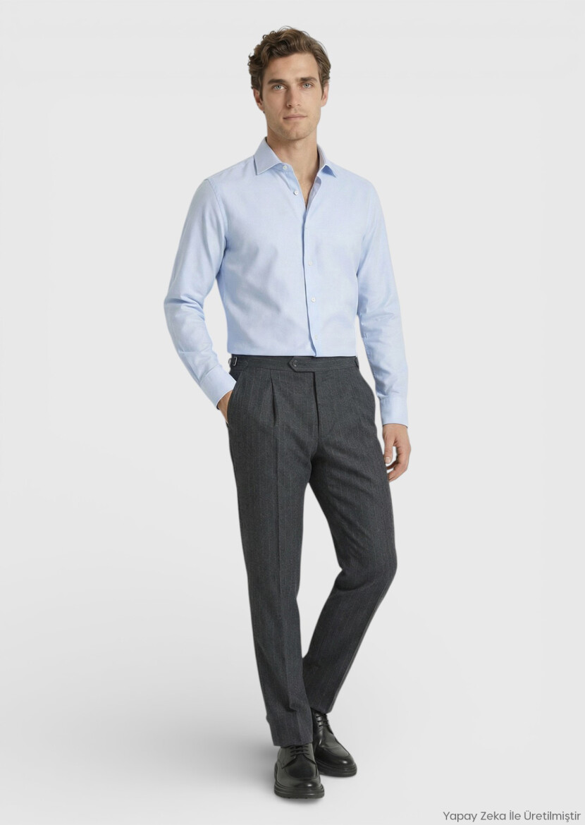Medium Blue Regular Fit Long Weaving Classical 100% Cotton Shirt - RAMSEY