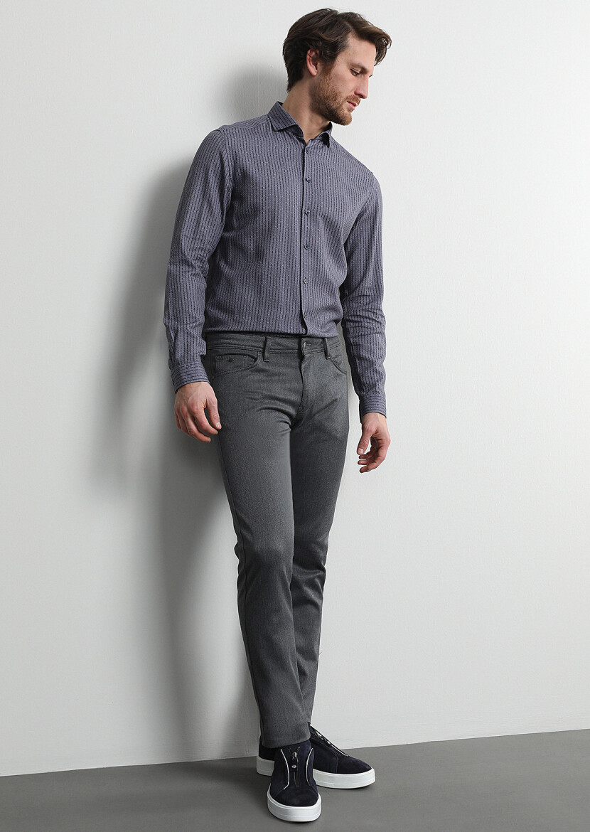 Medium Gray Weaving Slim Fit Casual Cotton Blended Trousers - 1