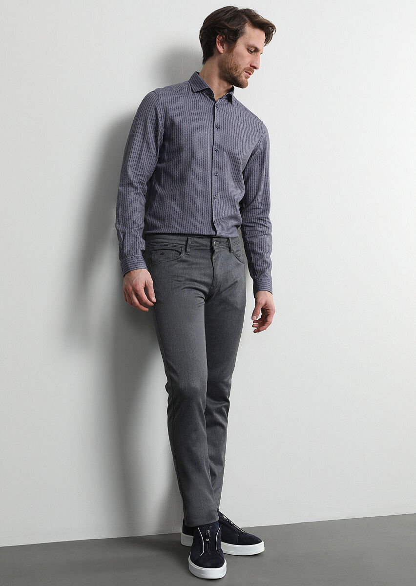 Medium Gray Weaving Slim Fit Casual Cotton Blended Trousers - 1