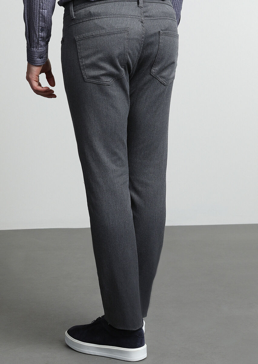 Medium Gray Weaving Slim Fit Casual Cotton Blended Trousers - 4