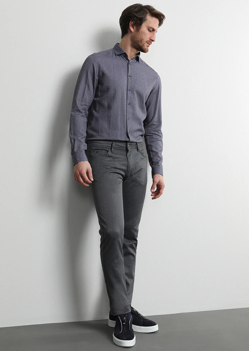 Medium Gray Weaving Slim Fit Casual Cotton Blended Trousers - 1