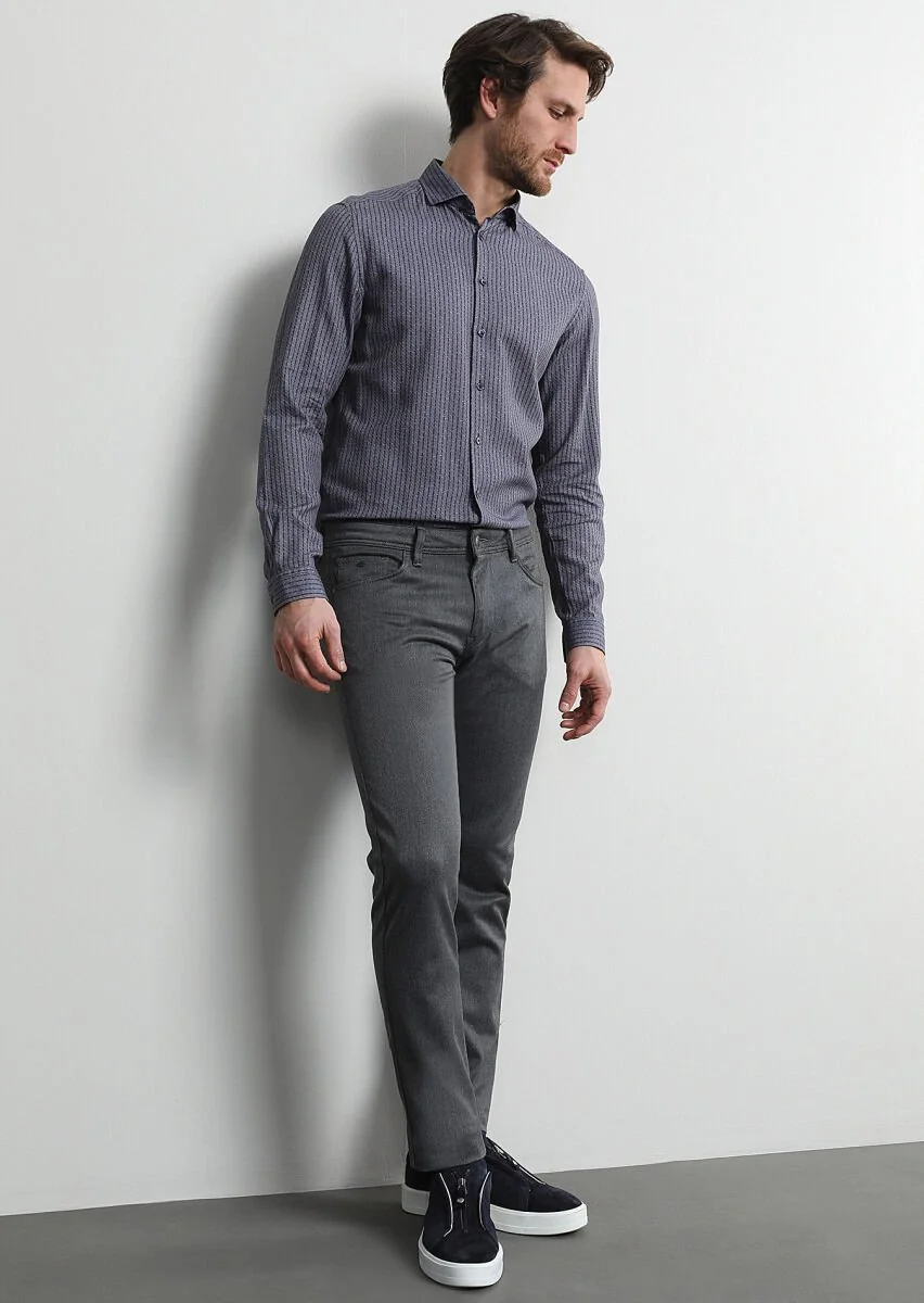 Medium Gray Weaving Slim Fit Casual Cotton Blended Trousers - 1