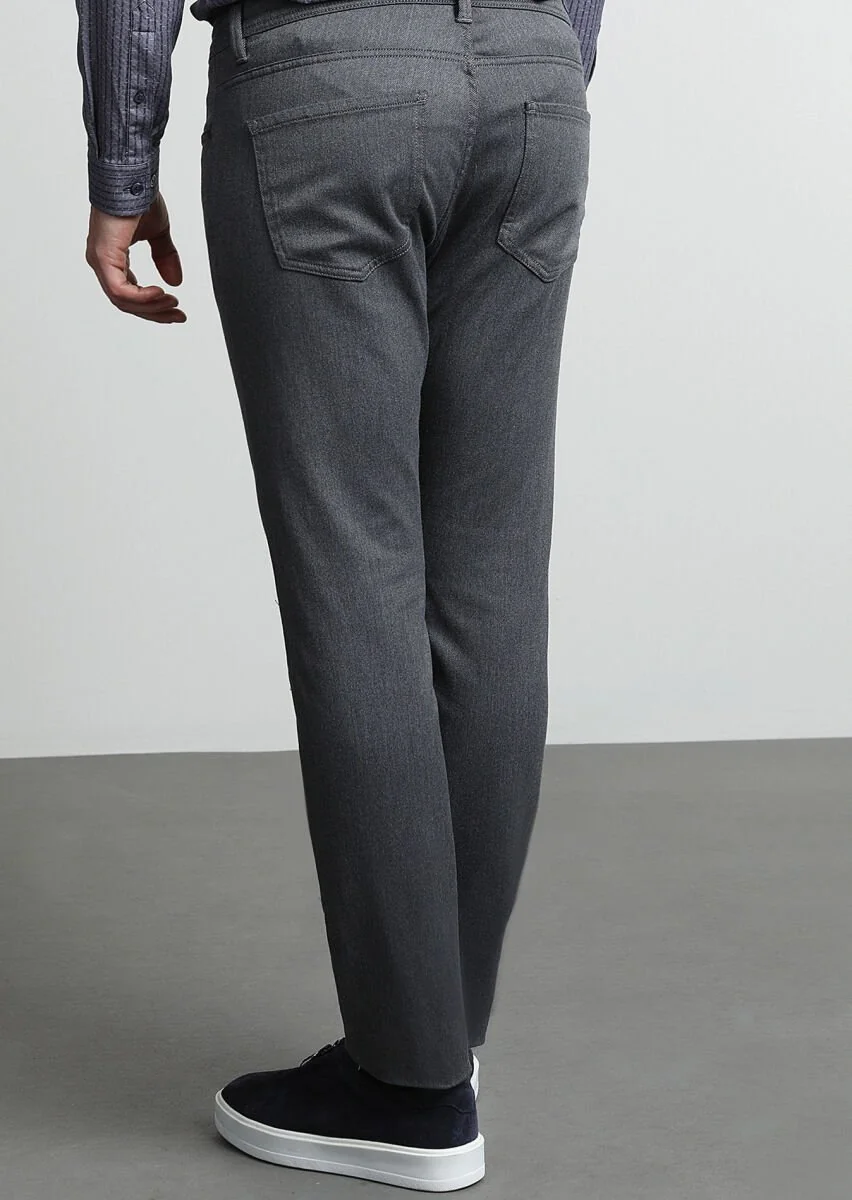 Medium Gray Weaving Slim Fit Casual Cotton Blended Trousers - 4