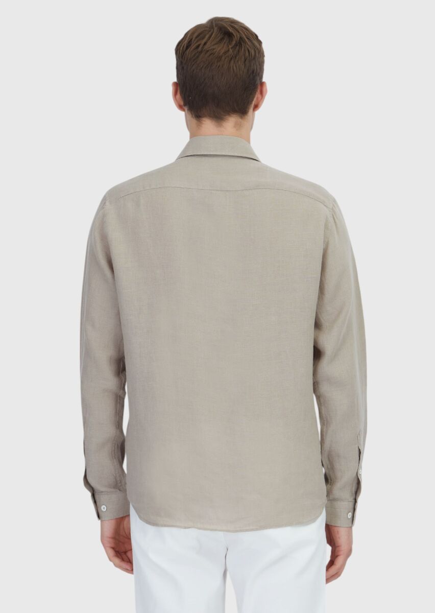 Mink Plain Casual Fit Long Weaving Casual 100% Linen Shirt - 5